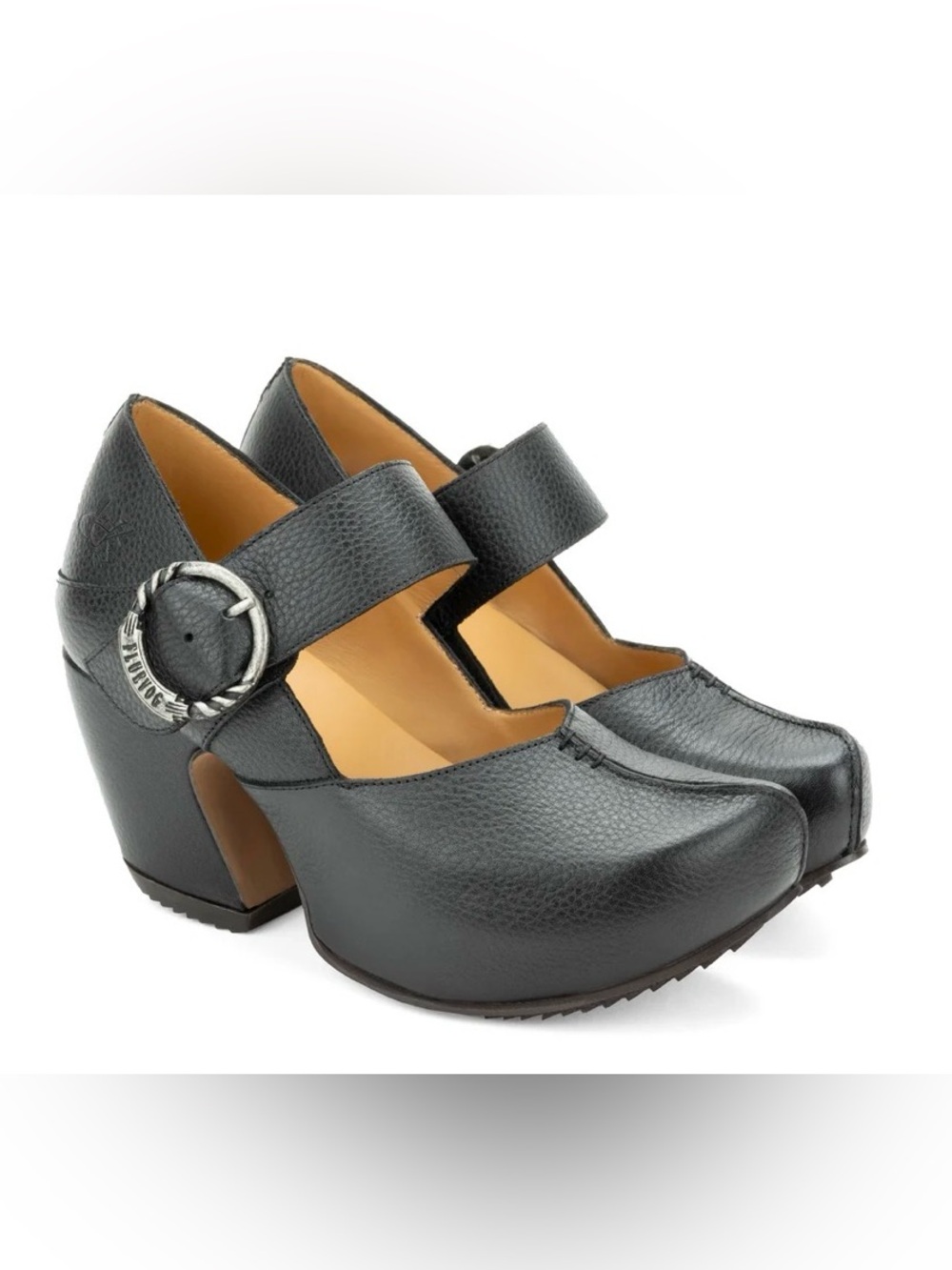 Fluevog NEW IN BOX Prepare Leader black pebbled leather platform MJ heel -10